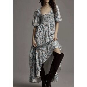 Anthropologie Short Sleeve Smocked Babydoll Floral Midi Multi Dress‎ Blue LARGE